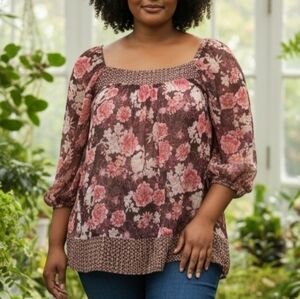 Pure Energy Brown/Cream/Pink Floral Blouse Square Neck Sheer Boho, Size 4